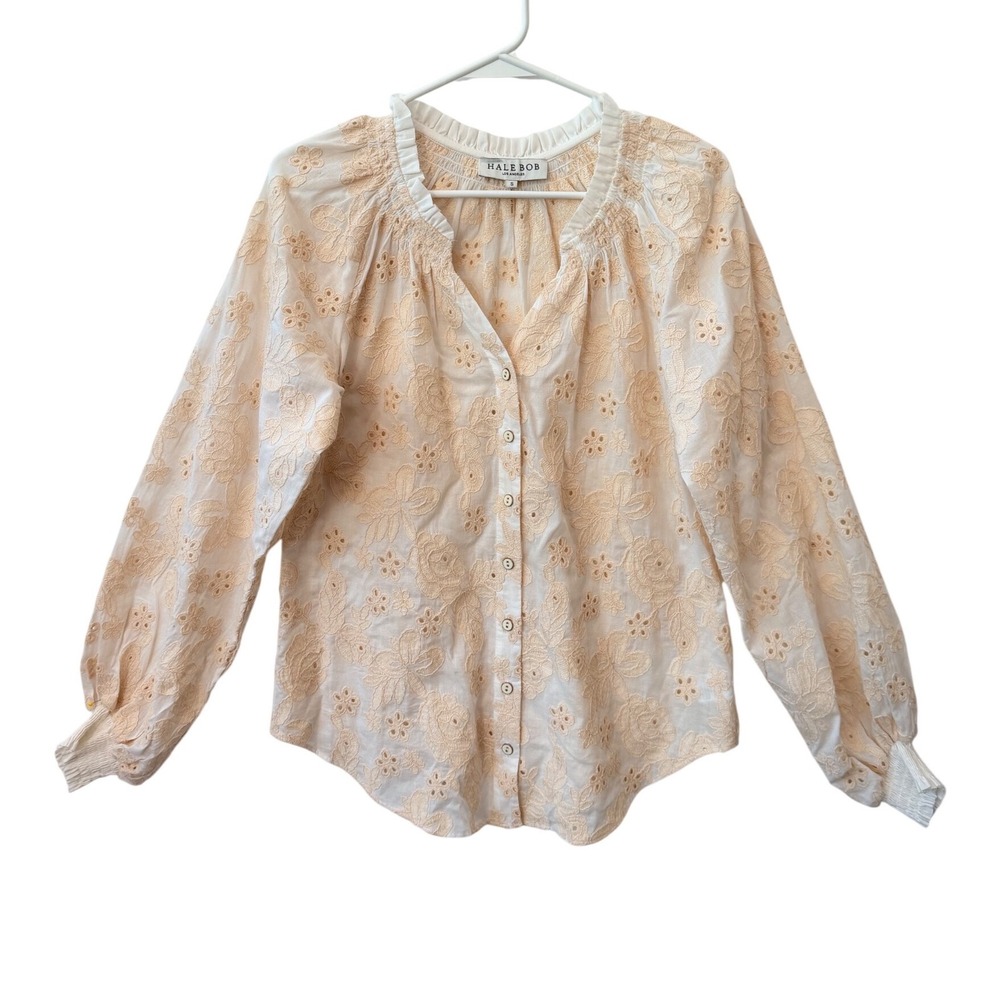 HALE BOB Cream Eyelet Boho Cowgirl Cottagecore Blouse Peasant Coastal Top SMALL